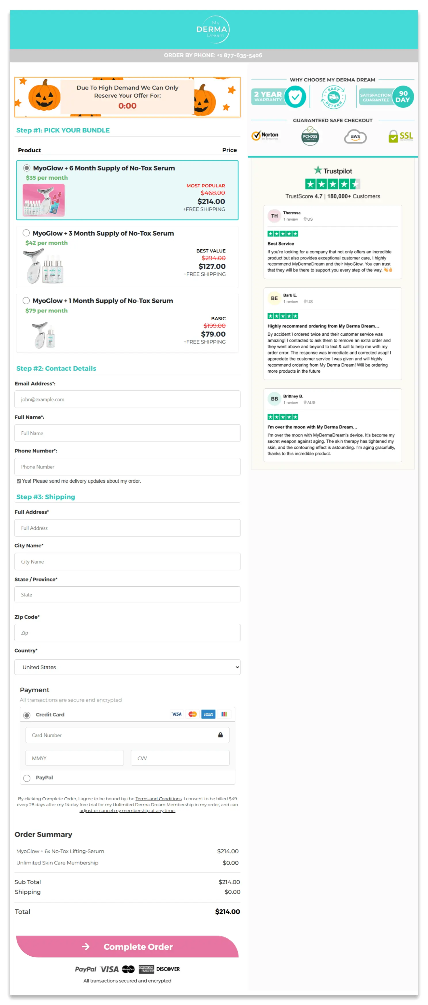 MyoGlow secure checkout page